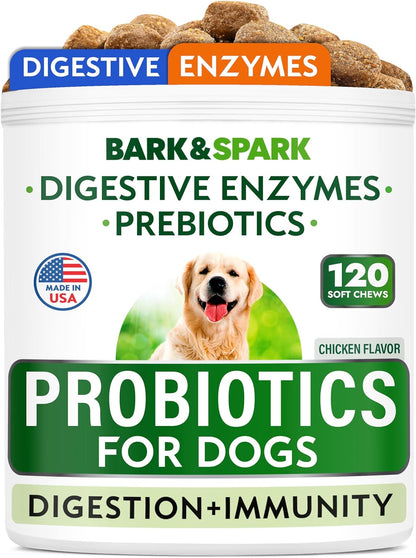 Bark&Spark Dog Probiotics & Digestive Enzymes (Gut Health) Allergy & Itchy Skin - Pet Diarrhea Gas Treatment Upset Stomach Relief, Digestion Health Prebiotic Supplement Tummy Treat (180Ct Chicken)