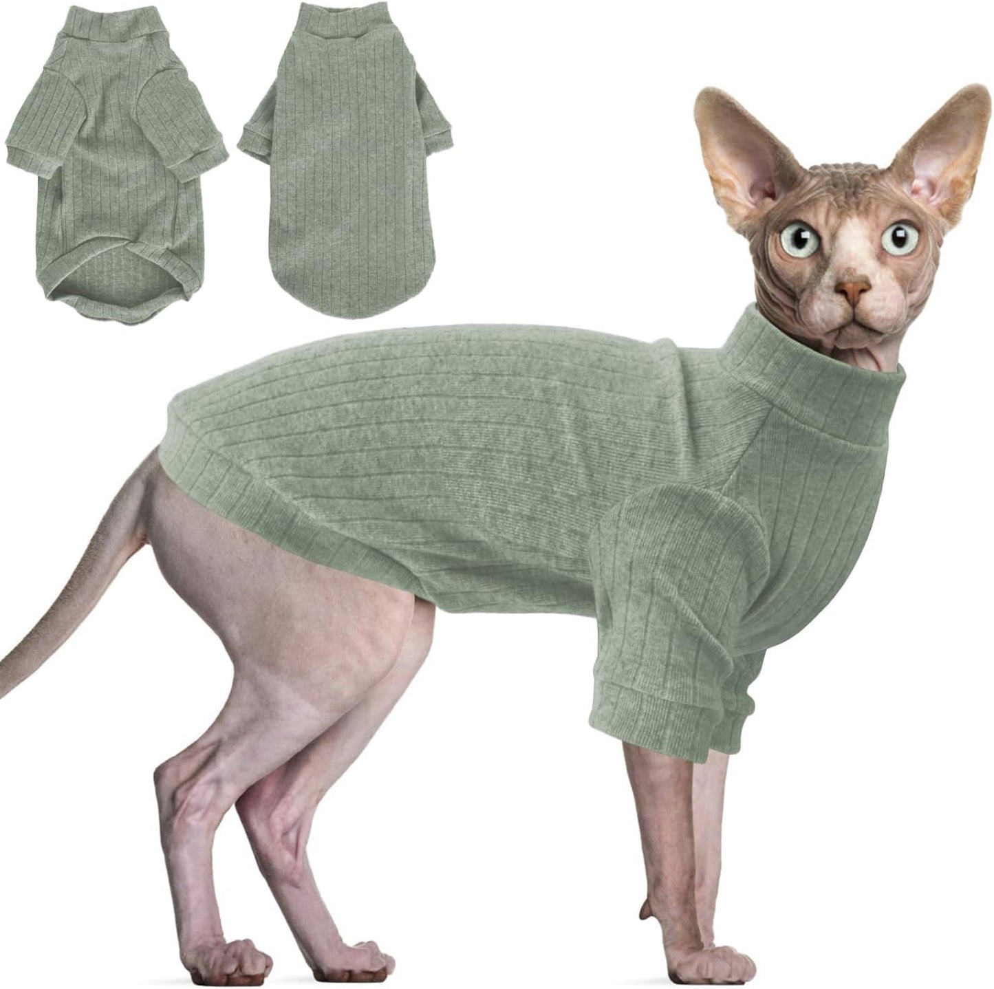 Idepet Sphynx Hairless Cats Sweater Shirt Kitten Soft Puppy Clothes Pullover Cute Cat Pajamas Jumpsuit Cotton Apparel Pet Winter Turtleneck for Cats and Teacup Chihuahua Small Dogs(Green,Xxl)