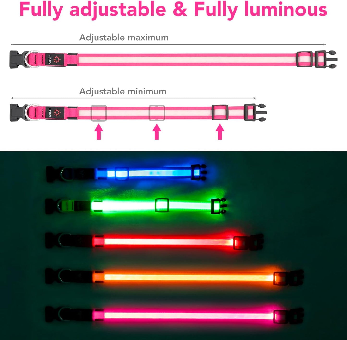 LED Dog Collar, Light up Dog Collar Adjustable USB Rechargeable Super Bright Safety Light Glowing Collars for Dogs (Medium, Pink)