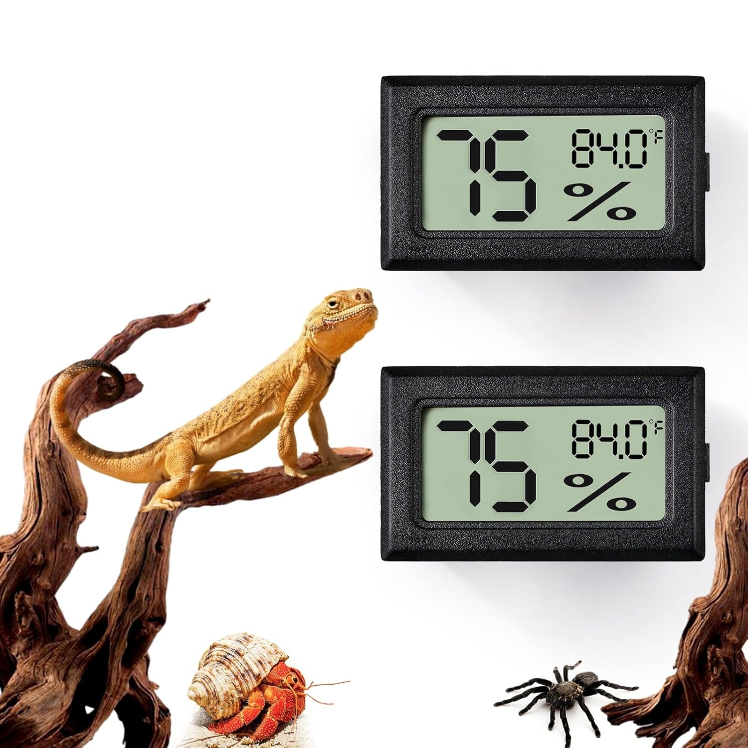 2 PCS Rectangle Reptile Thermometer and Humidity Gauge for Bearded Dragon Accessories, Reptile Tank Accessories for Jumping Spider, Leopard Gecko, Hermit Crab, Gecko, Ball Python, Lizard