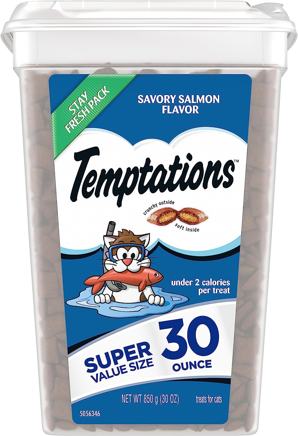 Temptations Classic Crunchy and Soft Cat Treats Savory Salmon Flavor, 30 Oz. Tub