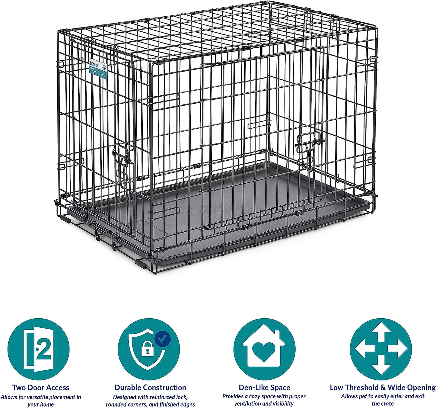 Midwest Homes for Pets Newly Enhanced Double Door Icrate Dog Crate, Includes Leak-Proof Pan, Floor Protecting Feet, Divider Panel & New Patented Features, Black