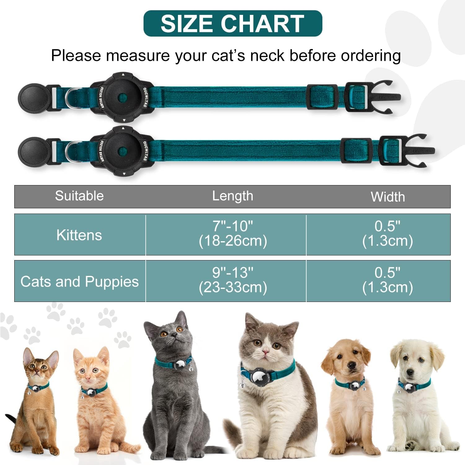 Luminous Airtag Cat Collar Breakaway, OUCWLTAG GPS Cat Collar with Apple Air Tag Holder, Cat Tracker Collars with Safety Elastic Band for Girl Boy Cats, Kittens and Puppies (Blue, 7-10 Inch)