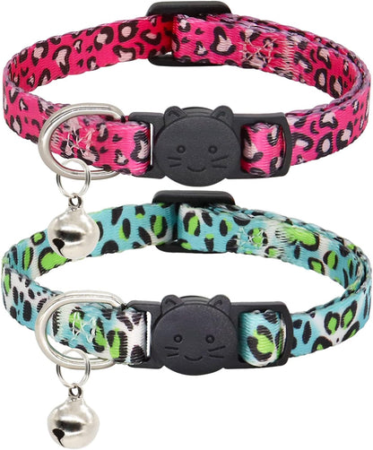 Cat Collar, 2 Pack Breakaway Collar with Bells, Safety Buckle Kitten Collars for Boy and Girl Cats,Hotpink + Light Blue Camo