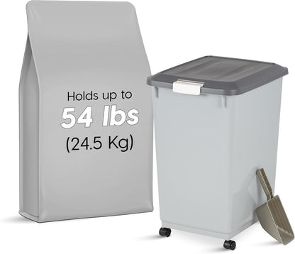IRIS USA Dog Food Storage Container with Wheels, Airtight Lid, 2-Cup Scoop, Up to 54 Pounds Pet Food Storage, Built in Scoop Storage in Lid, Versatile Pet Food Bin, Portable, BPA Free, Gray/Dark Gray