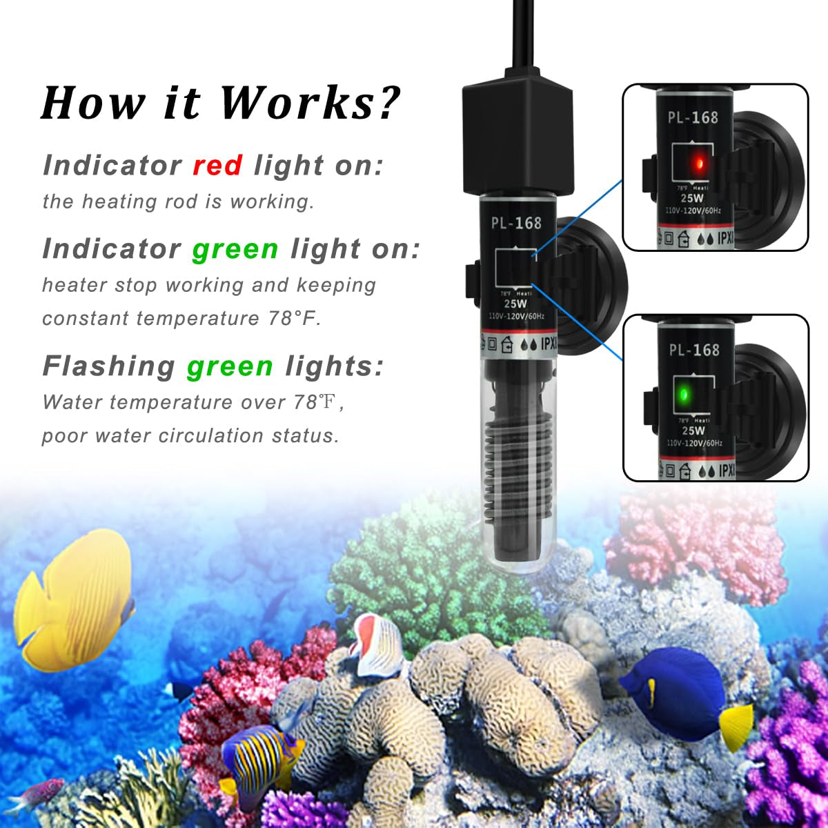 PULACO 25W Small Aquarium Submersible Betta Heater with Free Thermometer Strip, Under 6 Gallon Fish Tanks (Preset Temperature 78℉)