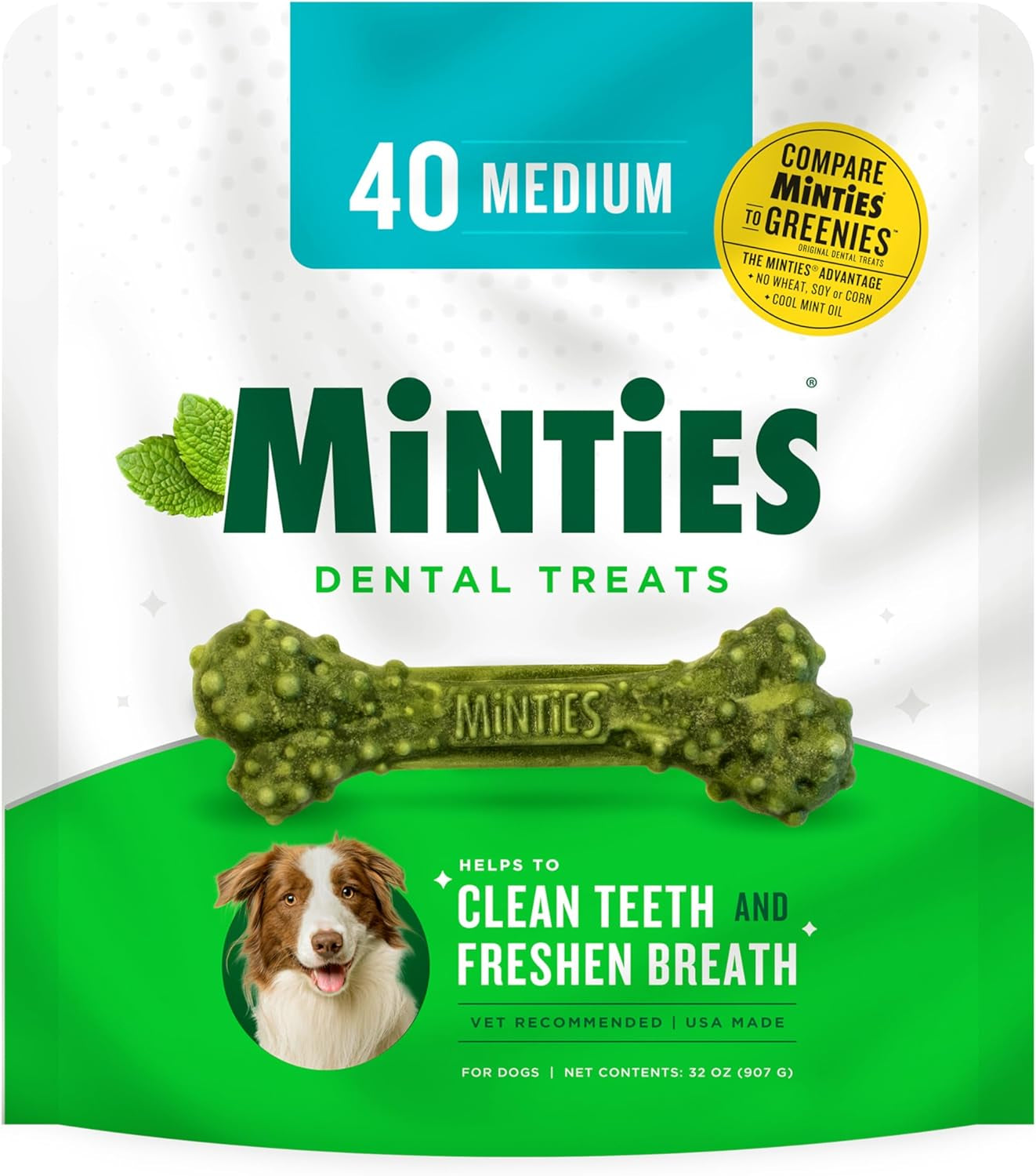 Minties Dental Chews for Dogs, 60 Count, Vet-Recommended Mint-Flavored Dental Treats for Medium Dogs 25-50 Lbs, Dental Bones Clean Teeth, Fight Bad Breath, and Removes Plaque and Tartar