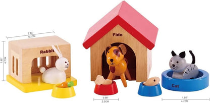 Family Pets Wooden Dollhouse Animal Set by Hape | Complete Your Wooden Dolls House with Happy Dog, Cat, Bunny Pet Set with Complimentary Houses and Food Bowls