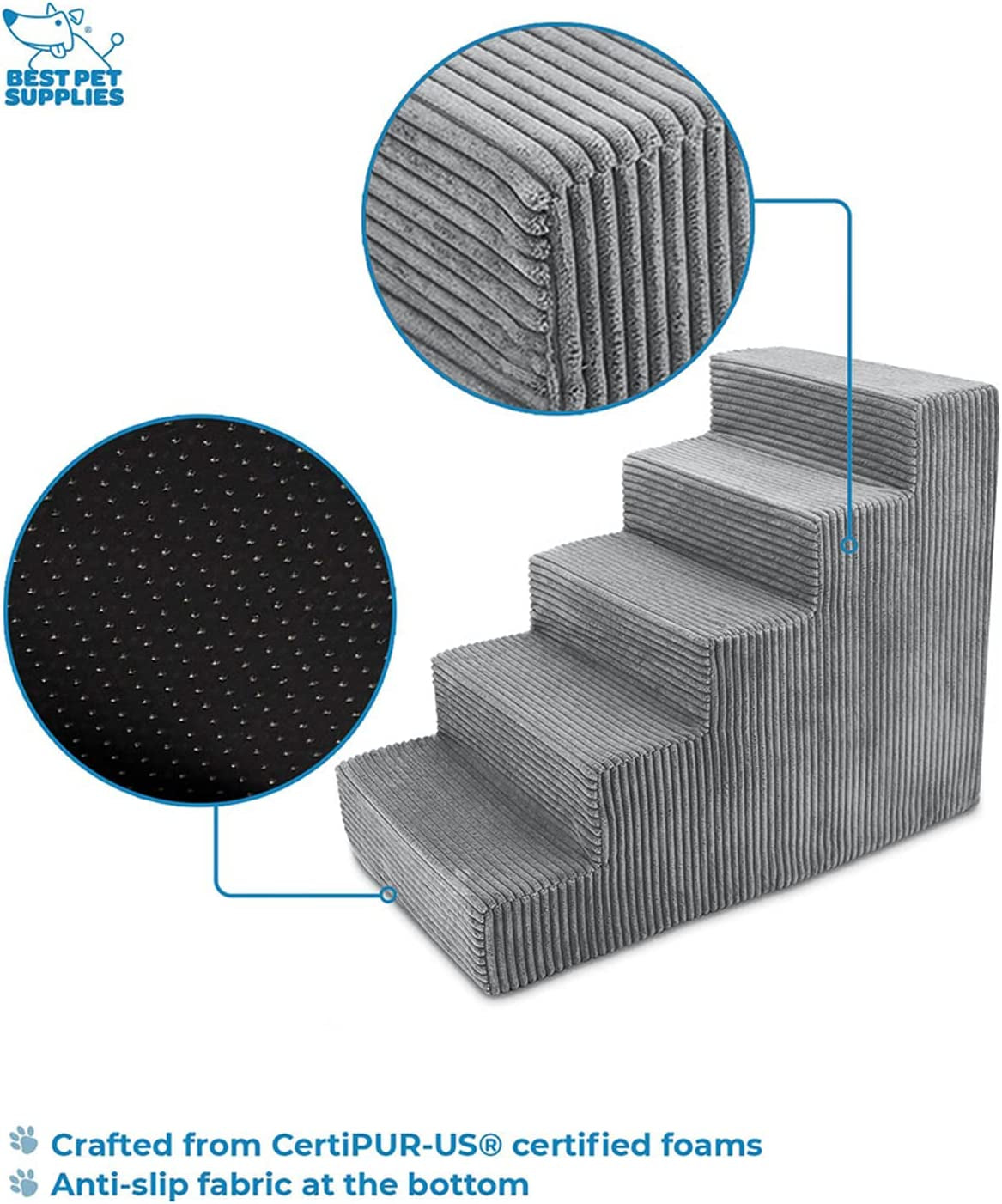 Best Pet Supplies Portable Dog Foam Stairs/Steps for Couch Sofa and High Bed Non-Slip Bottom Paw Safe No Assembly - Gray, 5-Step (H: 22.5")