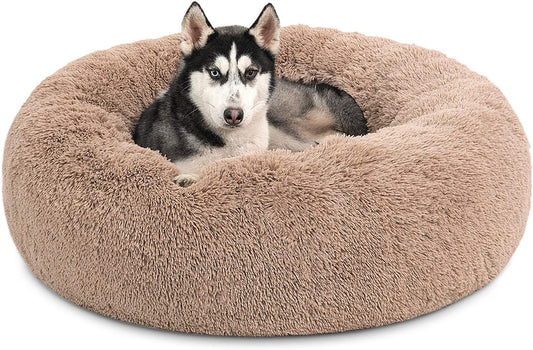 Bedsure Calming Dog Bed for Large Dogs - Donut Washable Large Pet Bed, 36 Inches anti Anxiety round Fluffy Plush Faux Fur Dog Bed, Fits up to 100 Lbs Pets, Camel