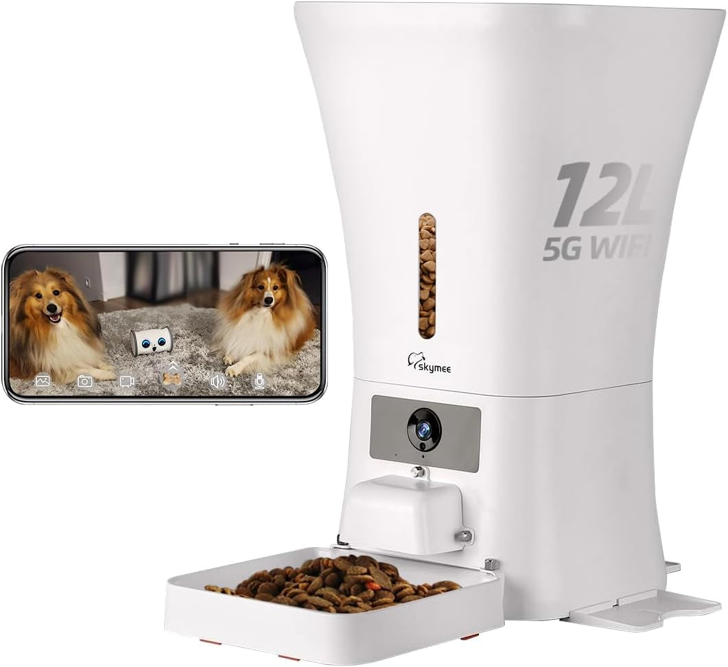 SKYMEE 8L/12L Smart Automatic Pet Feeder Food Dispenser for Cats & Dogs - 1080P Full HD Pet Camera Treat Dispenser with Night Vision and 2-Way Audio, Wi-Fi Enabled App for Iphone and Android