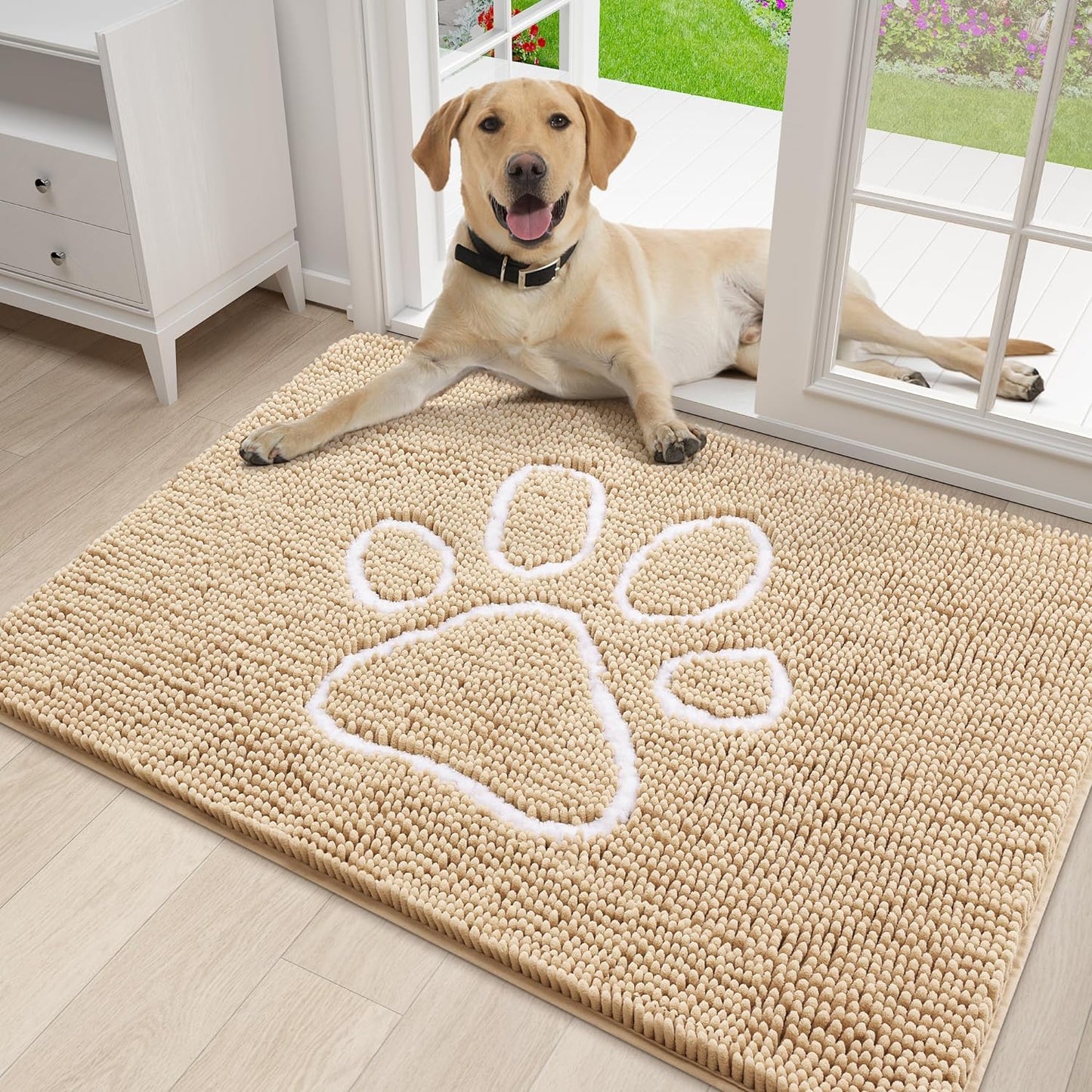 Smiry Dog Door Mat for Muddy Paws, Absorbent Dirt Trapper Non-Slip Washable Mat, Quick Dry Chenille, Mud Mat for Dogs, Entry Indoor Door Mat for inside Floor (30X20 Inches, Beige)