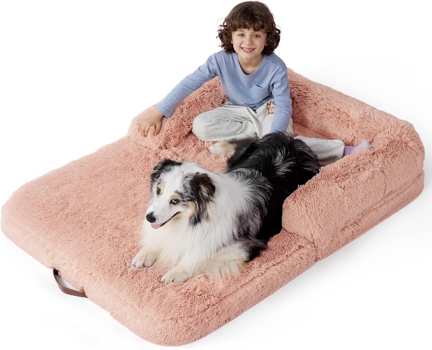 Bedsure Foldable Human Dog Bed for Kids, 2 in 1 Calming Human Size Giant Dog Bed Fits Pet Families with Egg Foam Supportive Mat and Waterproof Liner, Faux Fur Orthopedic Dog Sofa, Pink