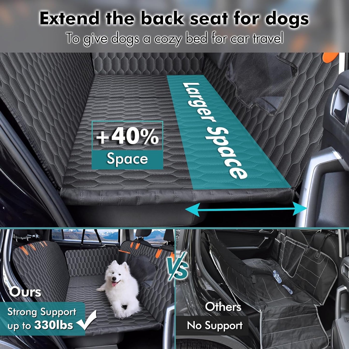 Back Seat Extender for Dogs-Supports 330Lb,Waterproof Dog Car Seat Cover Hard Bottom-Detachable,600D Heavy Duty Scratch Proof Nonslip Soft,Dog Hammock for Car,Suvs-Grey