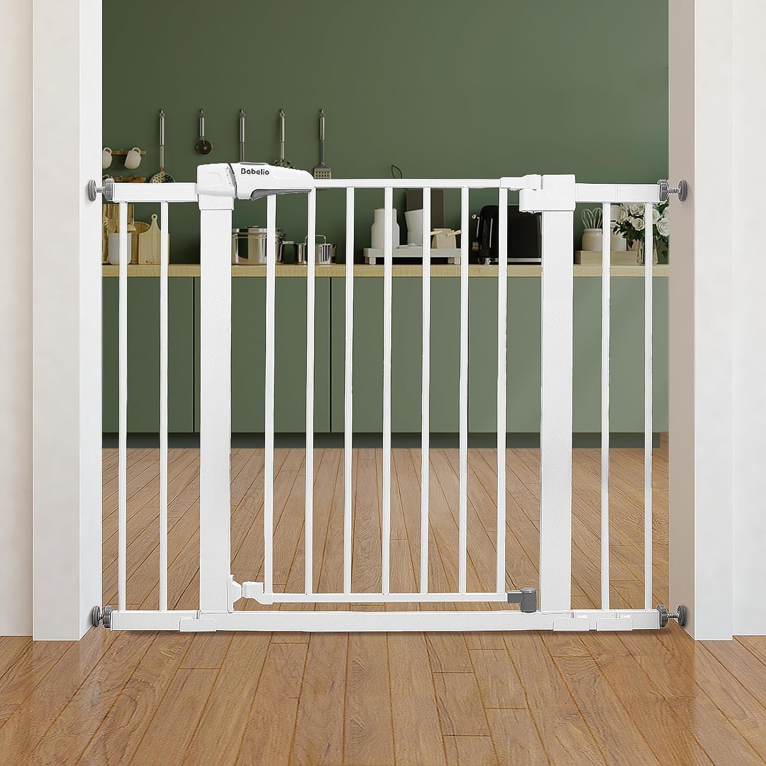 BABELIO Metal Baby Gate Dog Gate 29''-48'' Auto Close Extra Wide Pet Gate for Stairs & Doorways, Pressure Mounted Walk Thru Child Gate with Door, NO Need Tools NO Drilling, with Wall Cups