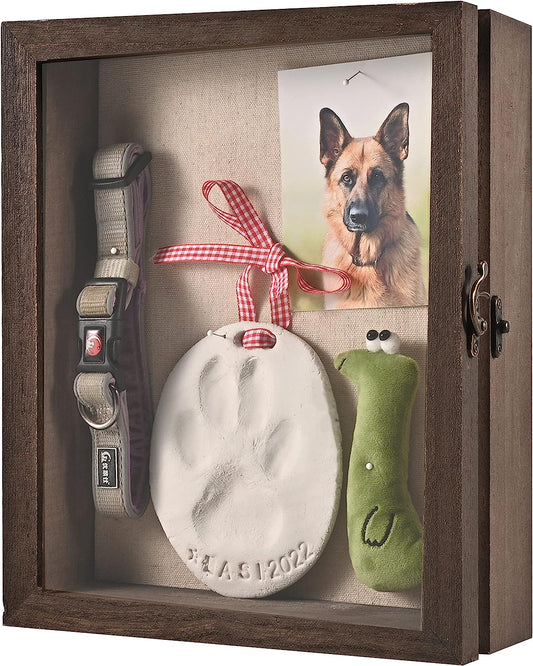 Pet Memorial Shadow Box with Clay Paw Print Impression Kit,Dog Wood Picture Frame Ornament as Loss Pet Keepsake and Gifts for Pet Lover