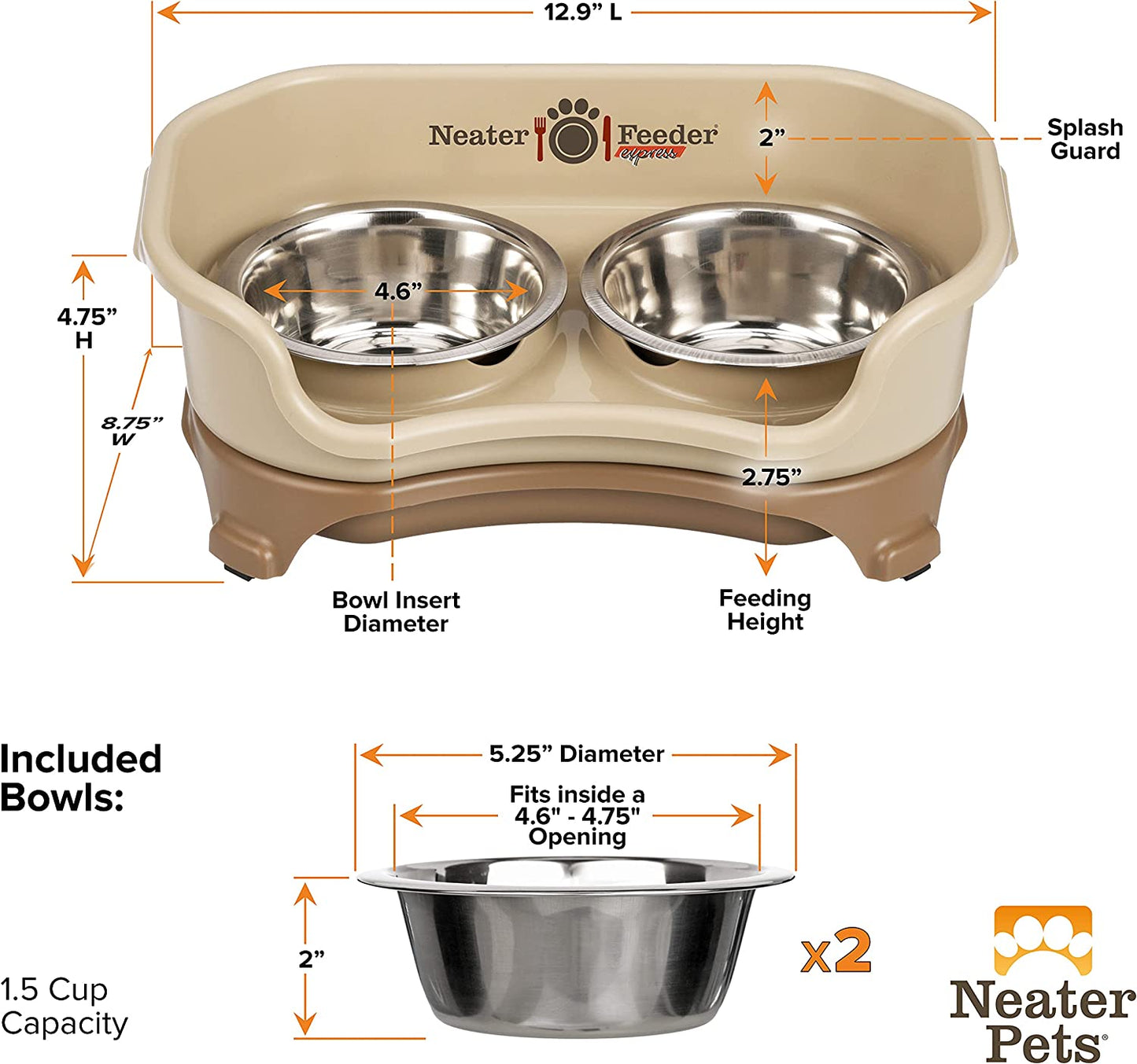 Neater Feeder - Express Model - Mess-Proof Cat Bowls (Cat, Black) – Made in USA – Elevated, No Spill, Non-Tip, Non-Slip, Raised Stainless Steel Food & Water Pet Bowls