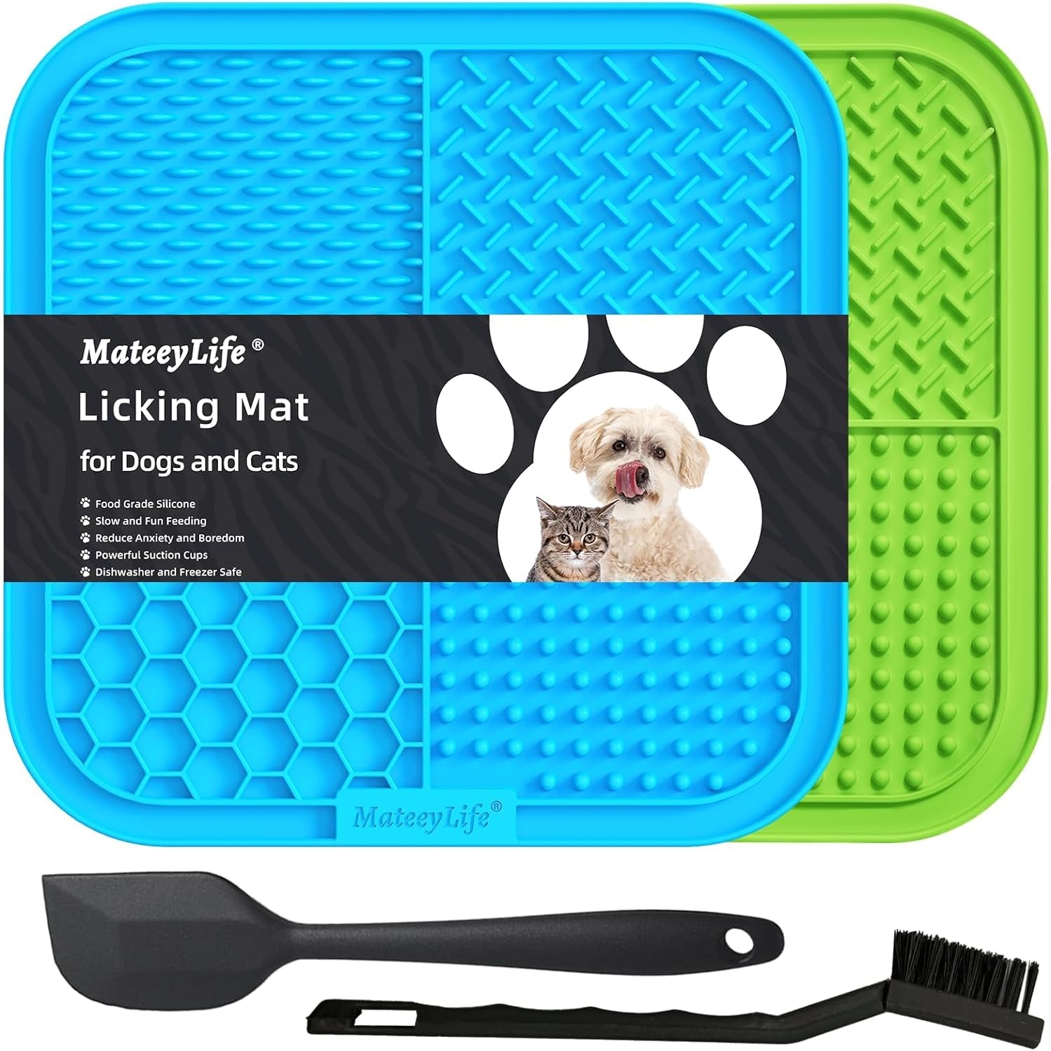 Mateeylife 2PCS Large Lick Mat for Dogs and Cats, Licking Mats for Dog Anxiety Relief, Cat Peanut Butter Lick Pad for Boredom Reducer, Dog Treat Mat Perfect for Bathing Grooming Green&Blue