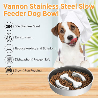 Vannon Stainless Steel Slow Feeder Dog Bowls Non-Slip Slow Feeding Dog Bowl Metal Dog Food Bowl That Slow Down Eating Anti-Choking Puzzle Dog Food Bowls for Small Medium Dogs, 4 Cups, Bone Shape