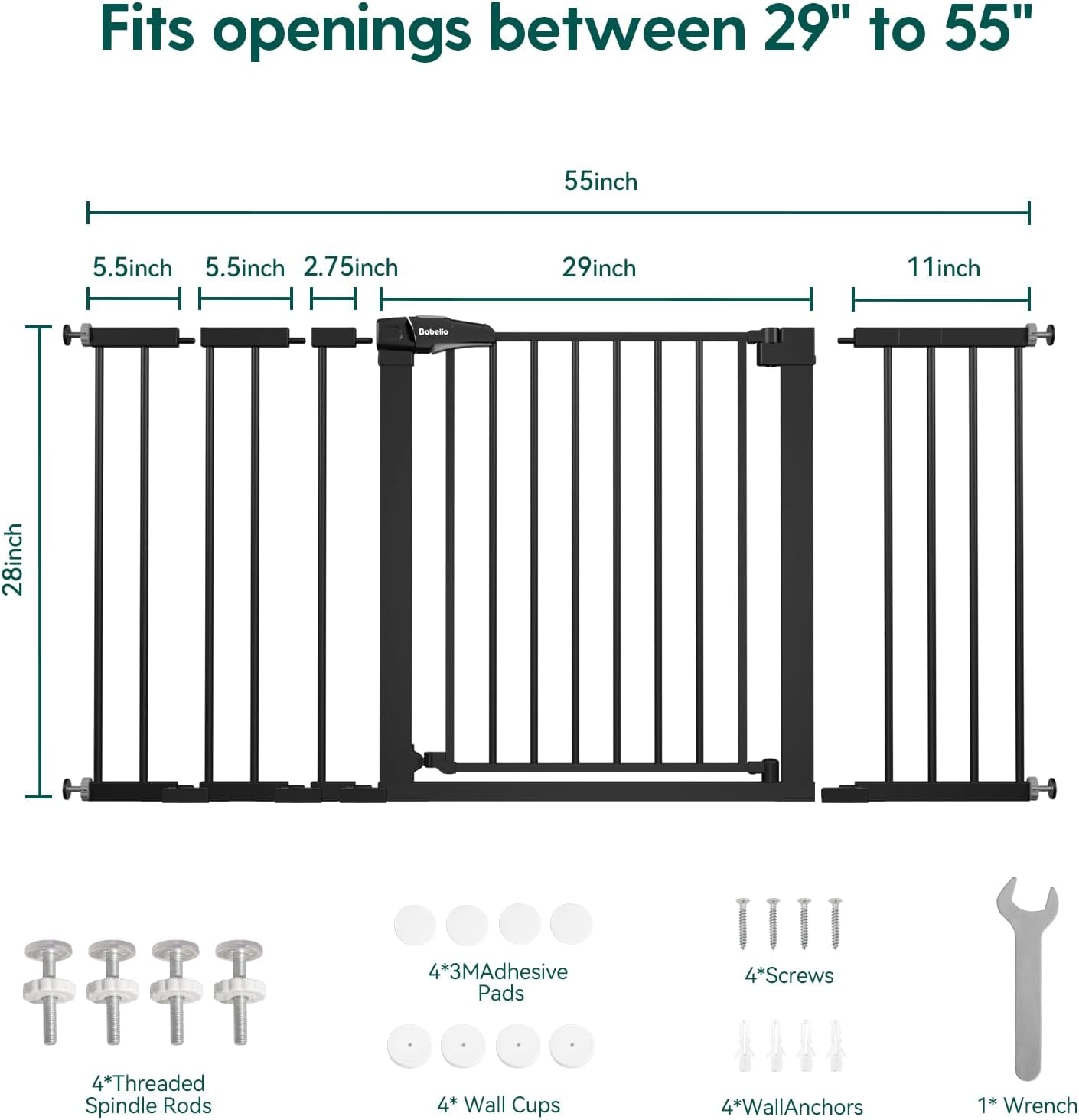 BABELIO 29-55 Inch Extra Wide Baby Gate, Metal Auto Close Dog Gate, Pressure Mounted Pet Gate for Doorways, NO Tools Needed NO Drilling, with Wall Cups, White