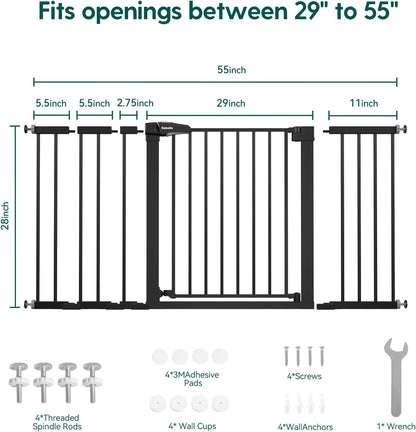 BABELIO 29-55 Inch Extra Wide Baby Gate, Metal Auto Close Dog Gate, Pressure Mounted Pet Gate for Doorways, NO Tools Needed NO Drilling, with Wall Cups, White