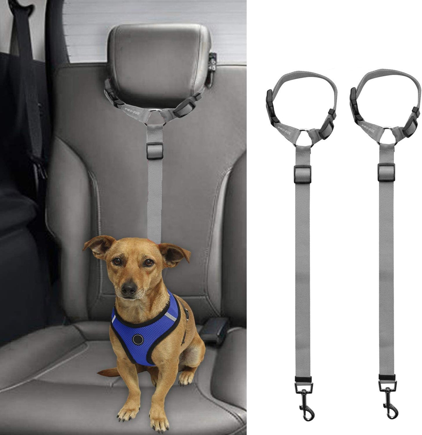 BWOGUE 2 Packs Dog Cat Safety Seat Belt Strap Car Headrest Restraint Adjustable Nylon Fabric Dog Restraints Vehicle Seatbelts Harness Grey