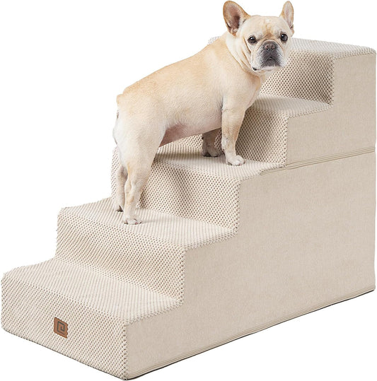 EHEYCIGA Dog Stairs for High Bed 25”H, 5-Step Extra Wide Dog Steps for Bed, Pet Steps for Small Dogs and Cats, Non-Slip Balanced Dog Indoor Ramp, Beige