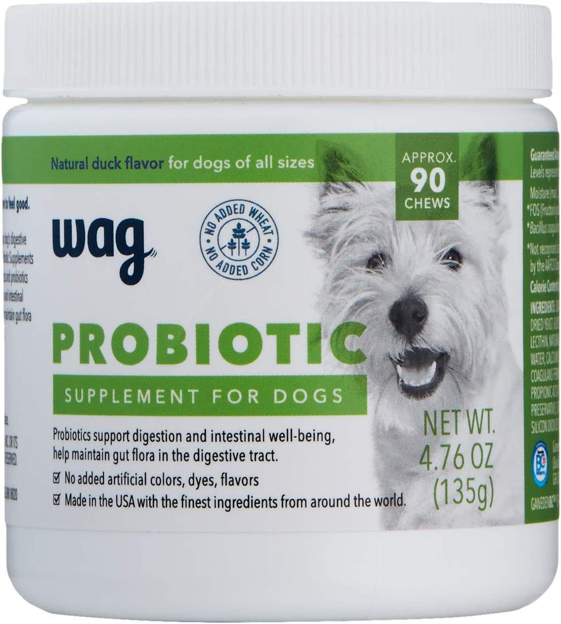 Amazon Brand - Wag Probiotic Supplement Chews for Dogs, Natural Duck Flavor, 90 Count