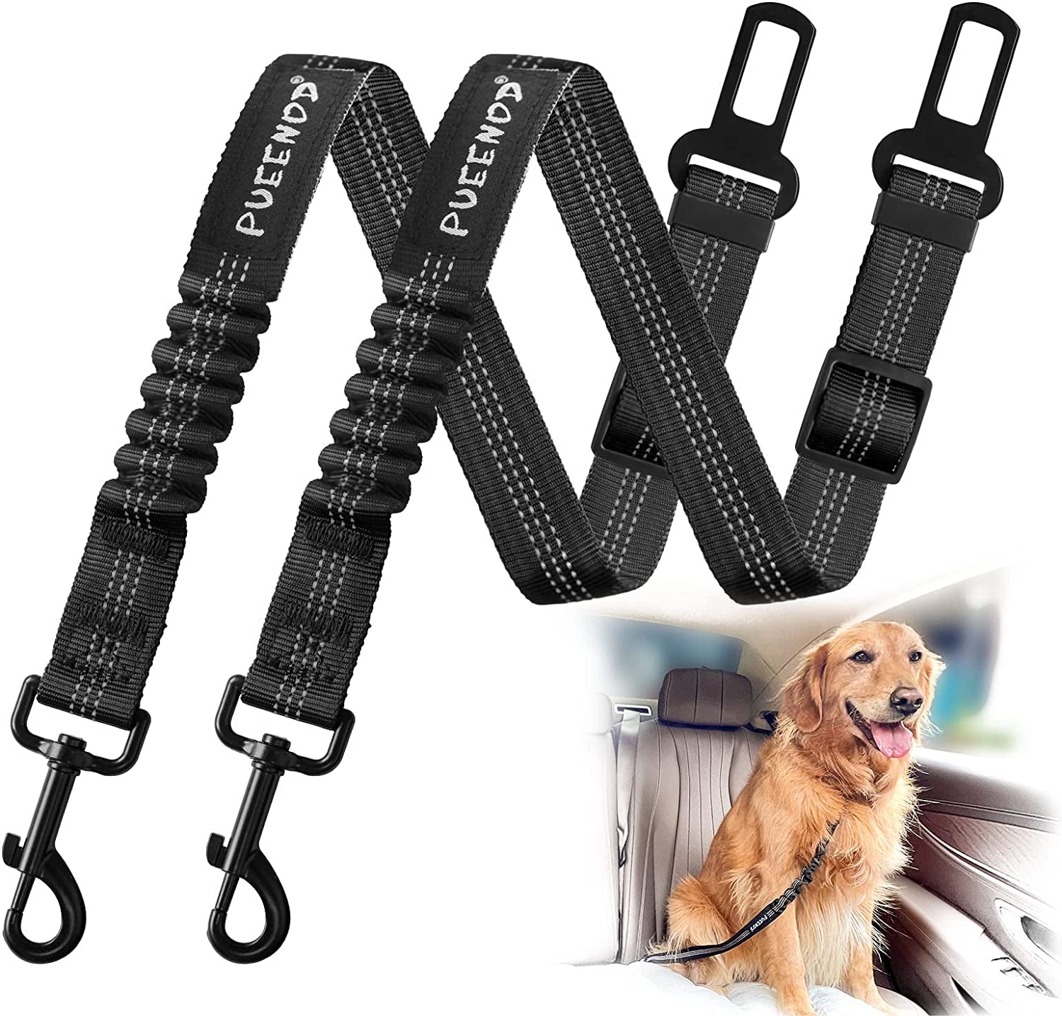 2 Pack Dog Seat Belt Adjustable Dog Car Seatbelts for Vehicle Nylon Pet Safety Seat Belt with Elastic Bungee Buffer Reflective & Durable Car Harness for Dogs… (Black + Blue)