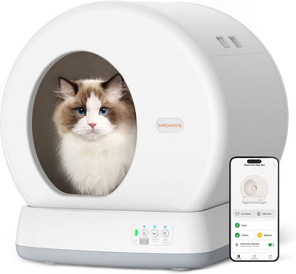 Meowant Self-Cleaning Cat Litter Box, Integrated Safety Protection Automatic Cat Litter Box for Multi Cats, Extra Large/Odor Removal/App Control Smart Cat Litter Box with Mat & Liner