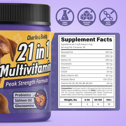 Charlie & Buddy Dog Multivitamin 21 in 1 - Dog Vitamins and Supplements with Vitamin C Multivitamin for Dogs - Chicken Flavour Dog Vitamins Soft Chews - 90ct