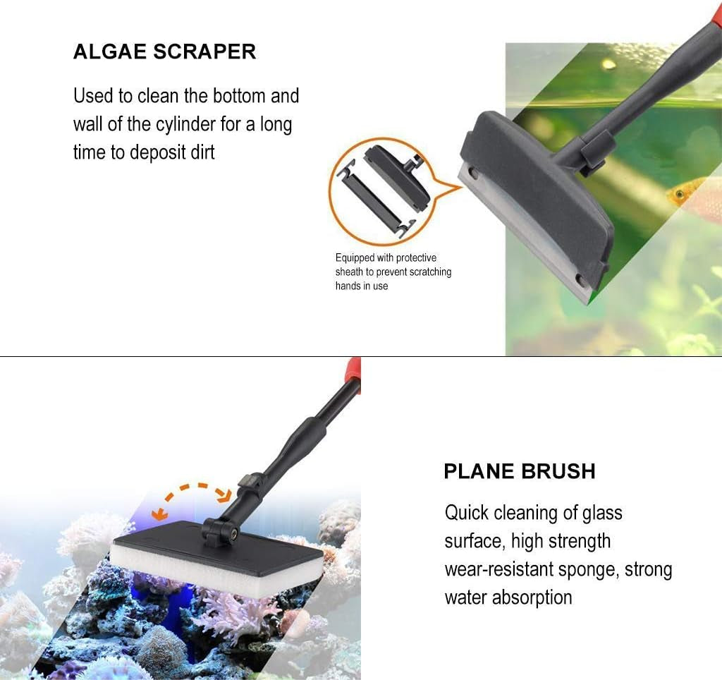 UPETTOOLS Aquarium Cleaning Tool 6 in 1 Algae Scraper Scrubber Pad Adjustable Long Handle Fish Tank Brush Cleaner Set