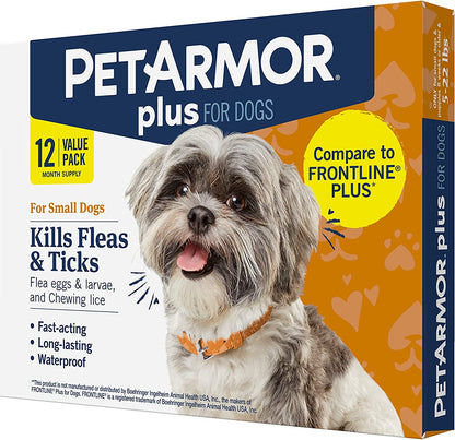 Petarmor plus Flea and Tick Prevention for Dogs, Dog Flea and Tick Treatment, 12 Doses, Waterproof Topical, Fast Acting, Small Dogs (5-22 Lbs)