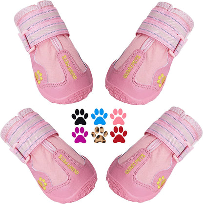 QUMY Dog Shoes for Large Dogs, Medium Dog Boots & Paw Protectors for Winter Snowy Day, Summer Hot Pavement, Waterproof in Rainy Weather, Outdoor Walking, Indoor Hardfloors anti Slip Sole Pink 1