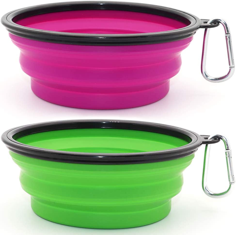 Dog Bowl Pet Collapsible Bowls, 2 Pack Collapsible Dog Water Bowls for Cats Dogs, Portable Pet Feeding Watering Dish for Walking Parking Traveling with 2 Carabiners (Large, Green+Purple)