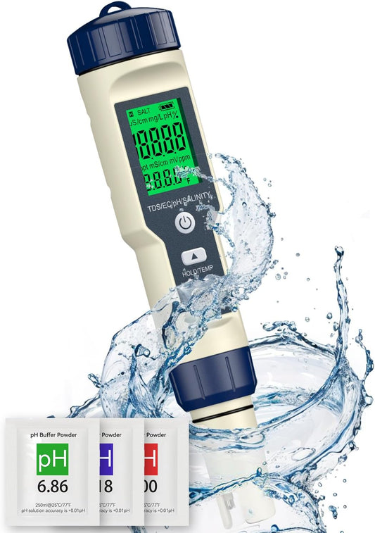 Pawfly Pool Salt Tester & pH Meter, 5 in 1 pH Salinity TDS EC & Temperature Meter, Digital Salinity Tester TDS Meter for Swimming Pool Drinking Water Aquarium Hot Tub Saltwater & Spa