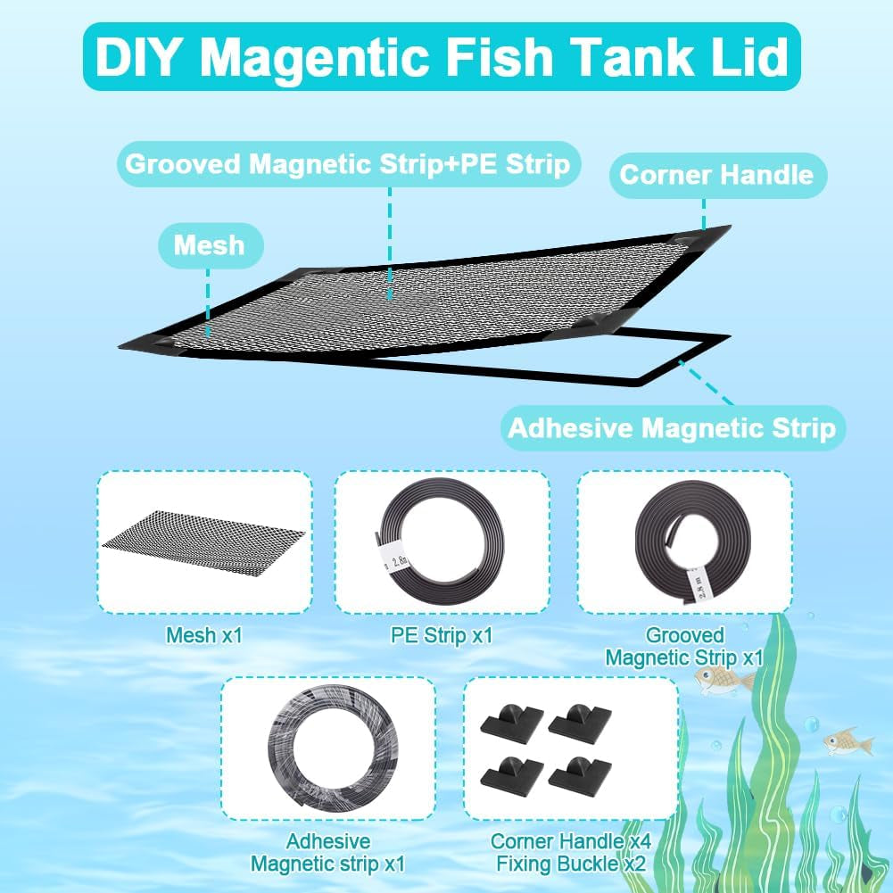 Magnetic Aquarium Cover Lid, DIY Fish Tank lid Anti-Jumping net Cover mesh Terrarium lid Aquarium Hood，Adjustable Size Fit Tank Size Max 35''X19''