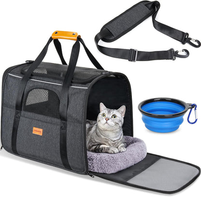 Morpilot Portable Cat Carrier - Soft Sided Cat Carrier for Medium Cats and Puppy up to 15Lbs, Pet Carrier with Locking Safety Zippers, Foldable Bowl, Airline Approved Travel Dog Carrier - Pink