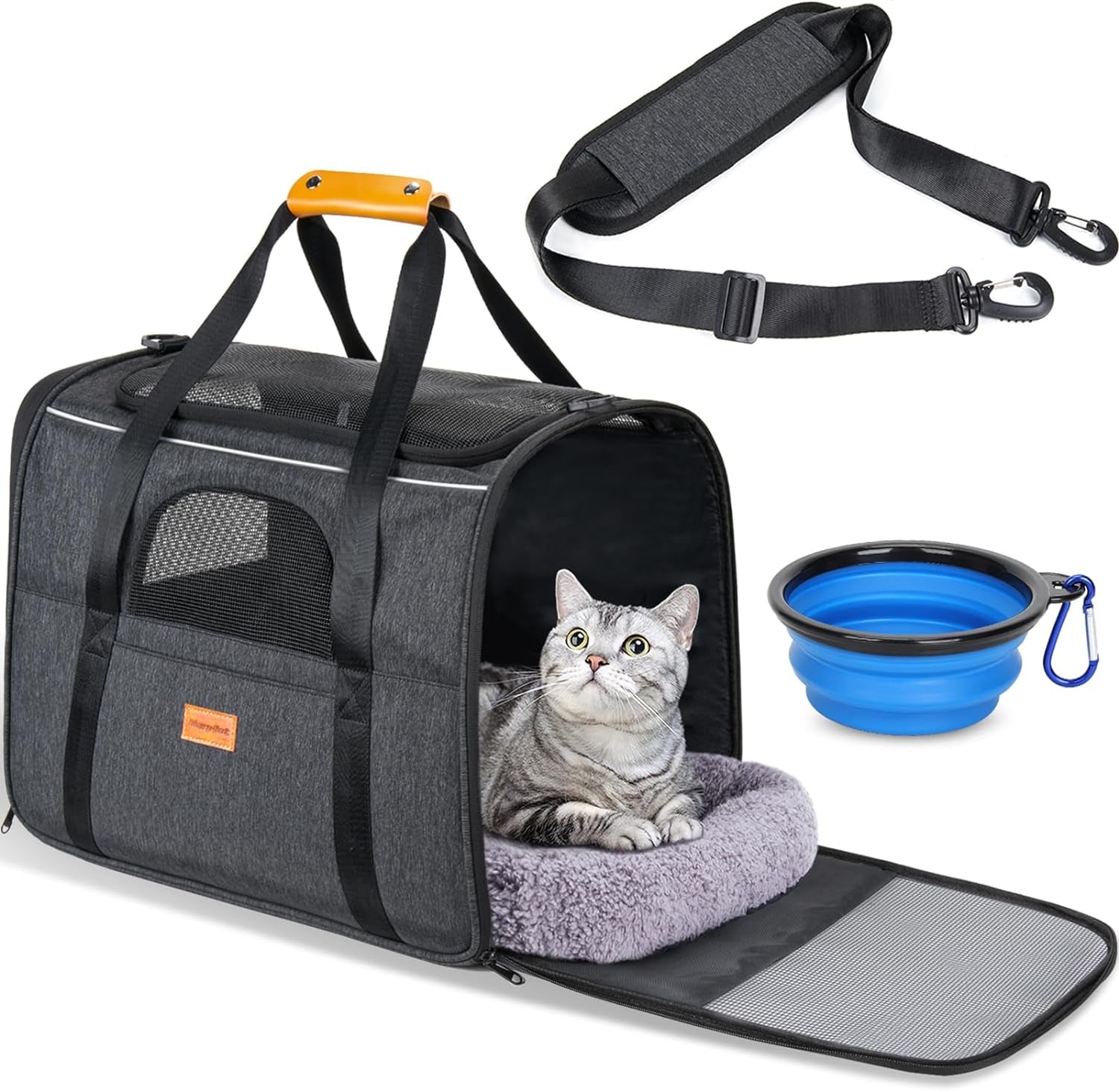 Morpilot Portable Cat Carrier - Soft Sided Cat Carrier for Medium Cats and Puppy up to 15Lbs, Pet Carrier with Locking Safety Zippers, Foldable Bowl, Airline Approved Travel Dog Carrier - Light Gray