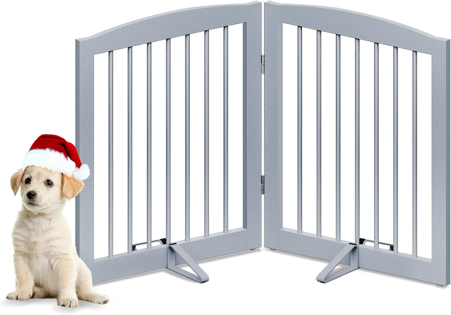 Freestanding Pet Gate for Dogs, Foldable Wooden Dog Gate for House, Indoor Dog Gate for Stairs, Doorways, Step over Pet Puppy Safety Fence, Support Feet Included, 24" Height 2 Panels, Grey