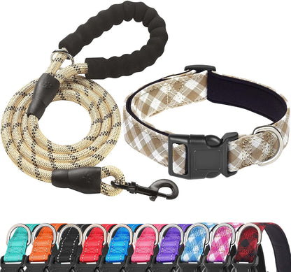 Reflective Dog Collar Padded with Soft Neoprene Breathable Adjustable Nylon Dog Collars for Small Medium Large Dogs (Small (Pack of 1), Vanilla Plaid Collar+Leash)