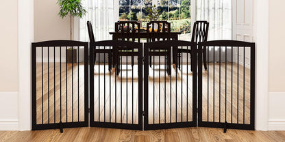 Freestanding Pet Gate for Dogs, Indoor Wooden Dog Gate for House, Foldable Dog Gate for Doorway, Stair,Hall, Step over Pet Puppy Safety Fence Tall, 80 Inch Wide, 4 Panel 32",Brown