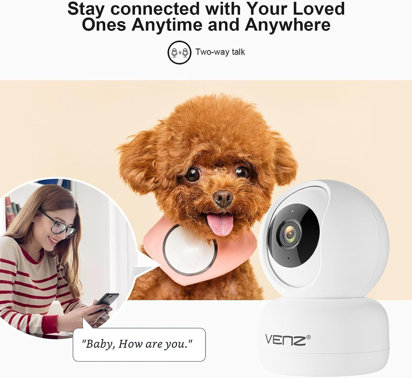 VENZ Indoor Security Camera, 1080P Pet Camera with Phone App, Ideal Indoor Camera for Baby Monitor/Dog Camera, 360° Pan/Tilt View Angel with 2 Way Audio, Cloud/Sd Card, 2.4Ghz Wifi Only