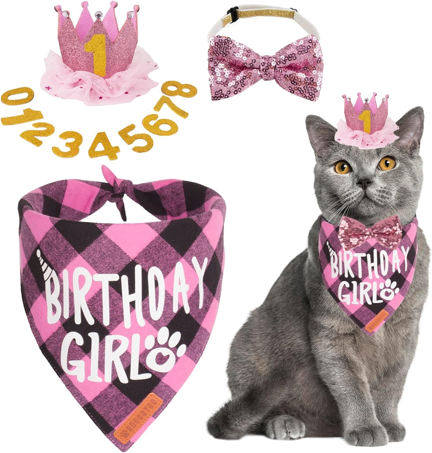 ADOGGYGO Cat Birthday Party Supplies, Birthday Girl Plaid Cat Bandana Cute Cat Bowtie, Cat Birthday Hat with Numbers, Pet Birthday Outfit for Cat Kitten (Pink)