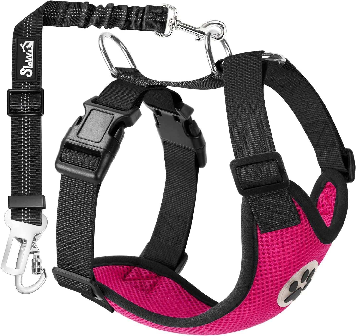 Slowton Dog Seat Belt Harness for Car, Dog Car Harness Adjustable Mesh Breathable & Dog Seatbelt Safety Tether with Elastic Bungee for Small Medium Large Pets(Fuchsia, Double Clip, S)