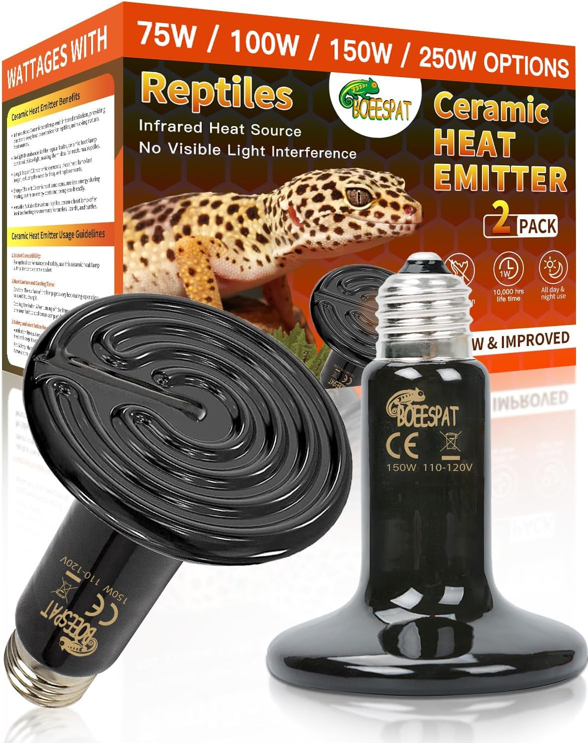 High Efficiency 150W Reptile Heat Lamp Bulbs, Pack of 2 Ceramic Heat Emitters for Reptile Geckos, Lizard, Iguana, Bearded Dragon & Pets Basking (Black, 150 Watts)