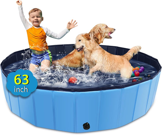 Foldable Dog Pool, 63" X 12" Kiddie Pool with Hard Plastic, Non-Slip Dog Bath Tub for Outdoor Backyard, Collapsible Dog Swimming Pool for Kids Dogs Pets (Blue)