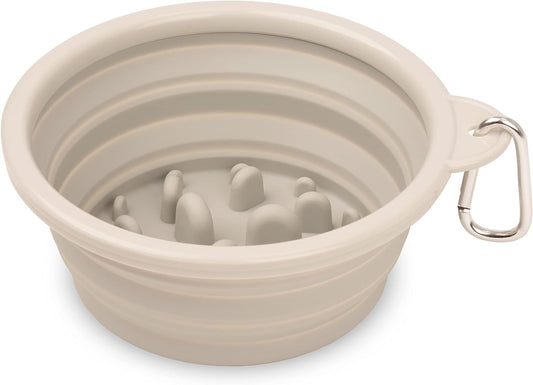 Collapsible Dog Slow Feeder Bowl, Portable Silicone Travel Bowl for Food & Water, Slow Eating for Large, Medium, & Small Sized Breeds, Anti-Choking, Bpa-Free, Dishwasher Safe (Light Grey)