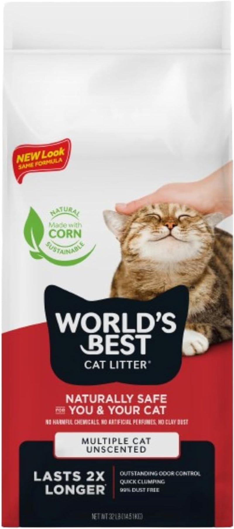 WORLD'S BEST CAT LITTER Multiple Cat Unscented, 8-Pounds - Natural Ingredients, Quick Clumping, Flushable, 99% Dust Free & Made in USA - Long-Lasting Odor Control & Easy Scooping