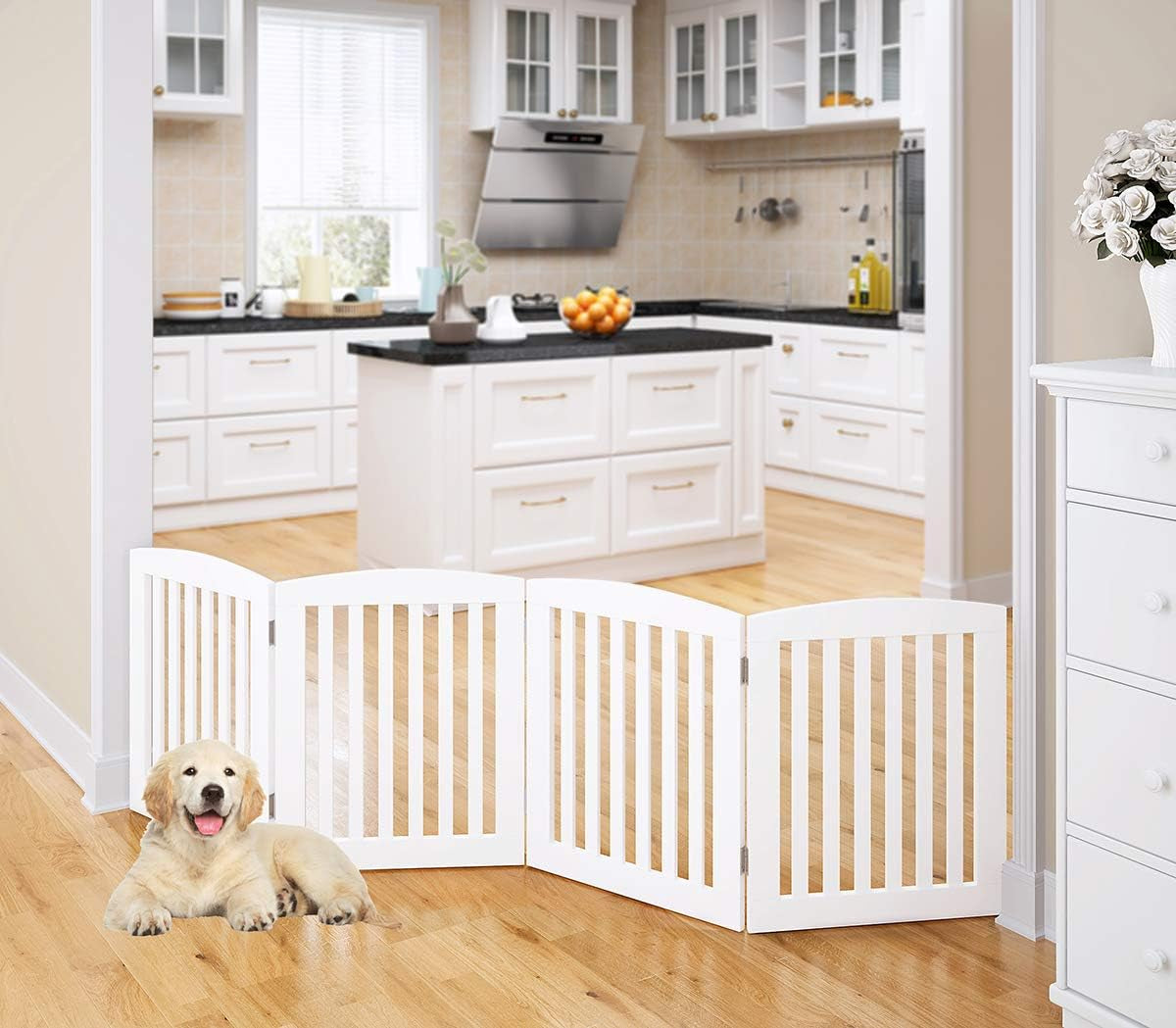 PAWLAND Wooden Freestanding Foldable Pet Gate for Dogs, 24 Inch 3 Panels Step over Fence, Dog Gate for the House, Doorway, Stairs, Extra Wide (White, 24" Height-3 Panels)